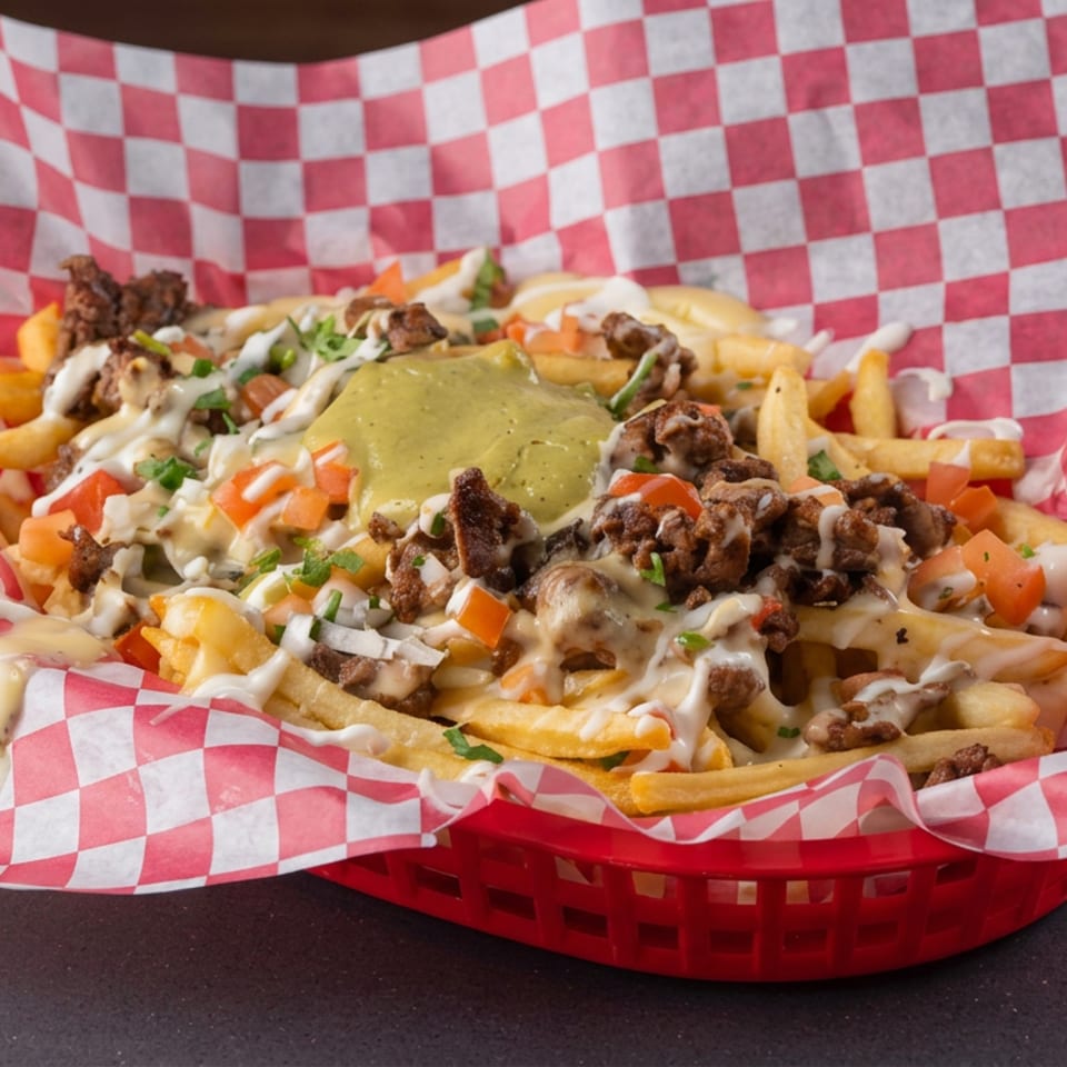 Loaded fries topped with seasoned meat, cheese sauce, diced tomatoes, herbs, and green salsa in a red basket lined with checkered paper.