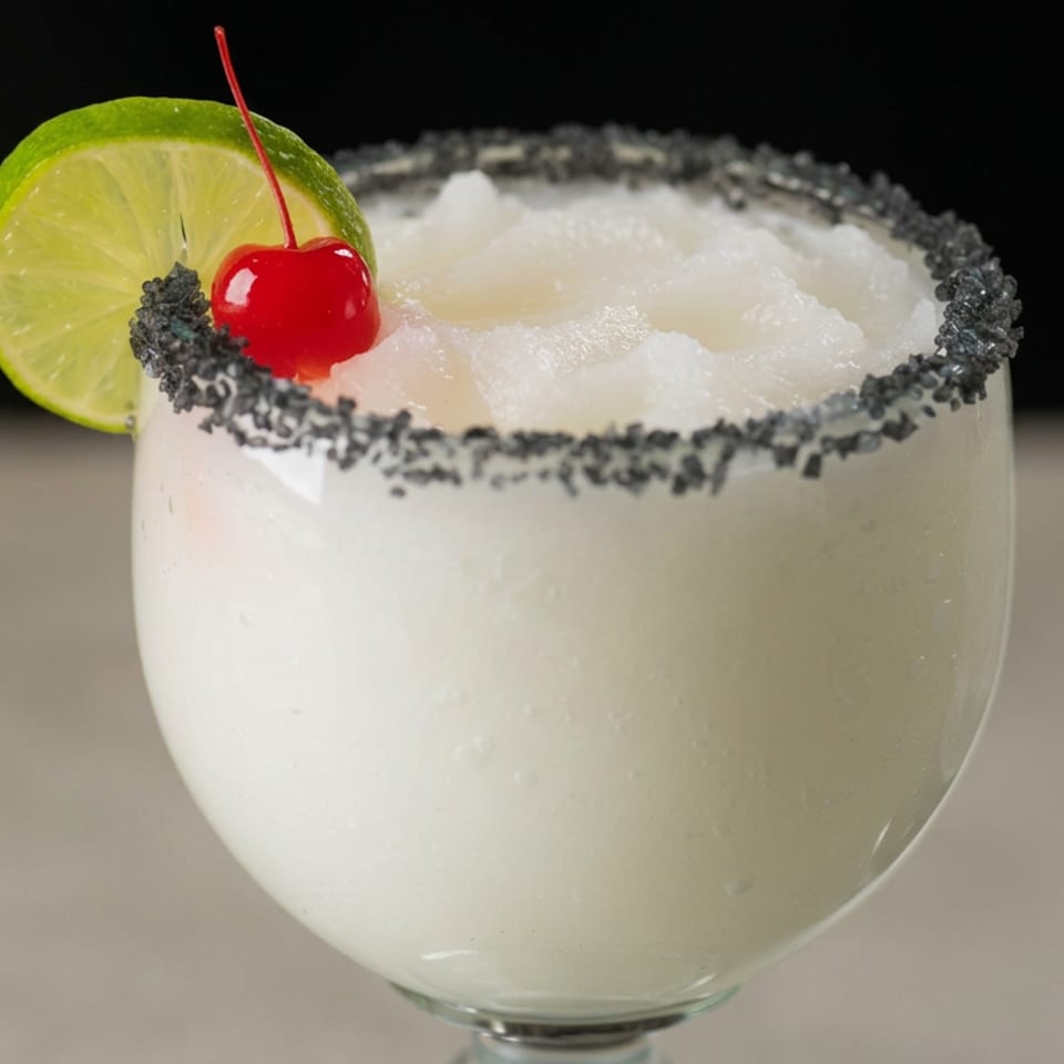 Frosty white cocktail in a glass with a black salt rim, garnished with lime and a red cherry.